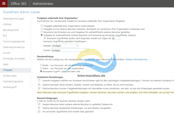 Office 365 SharePoint Freigabekonfiguration